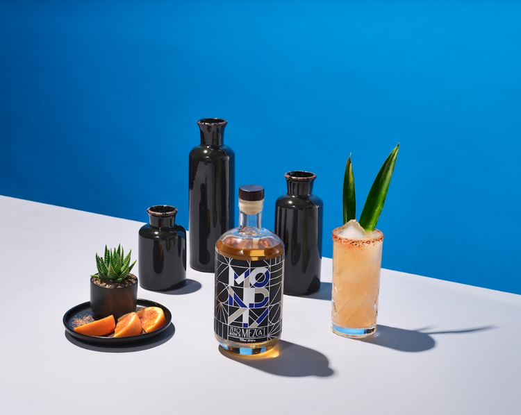 Mezcal product photography blue background